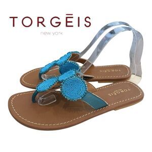 Torgeis New York Women's Beaded Leather Blue Slide Thong Sandals 7